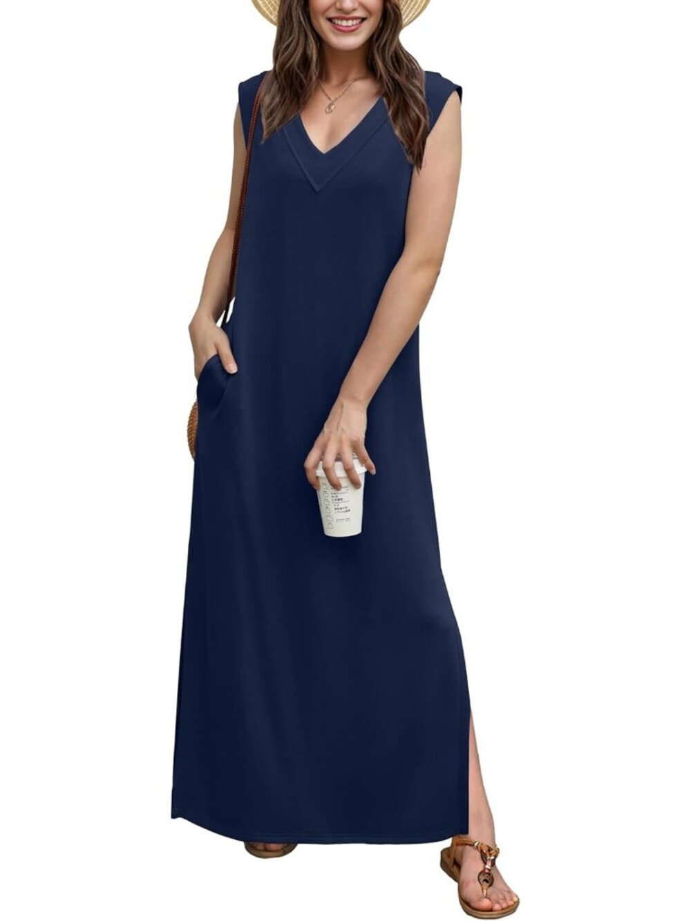 Women's Navy Summer Maxi Dresses V-Neck Sleeveless Casual Loose Split Long Dress